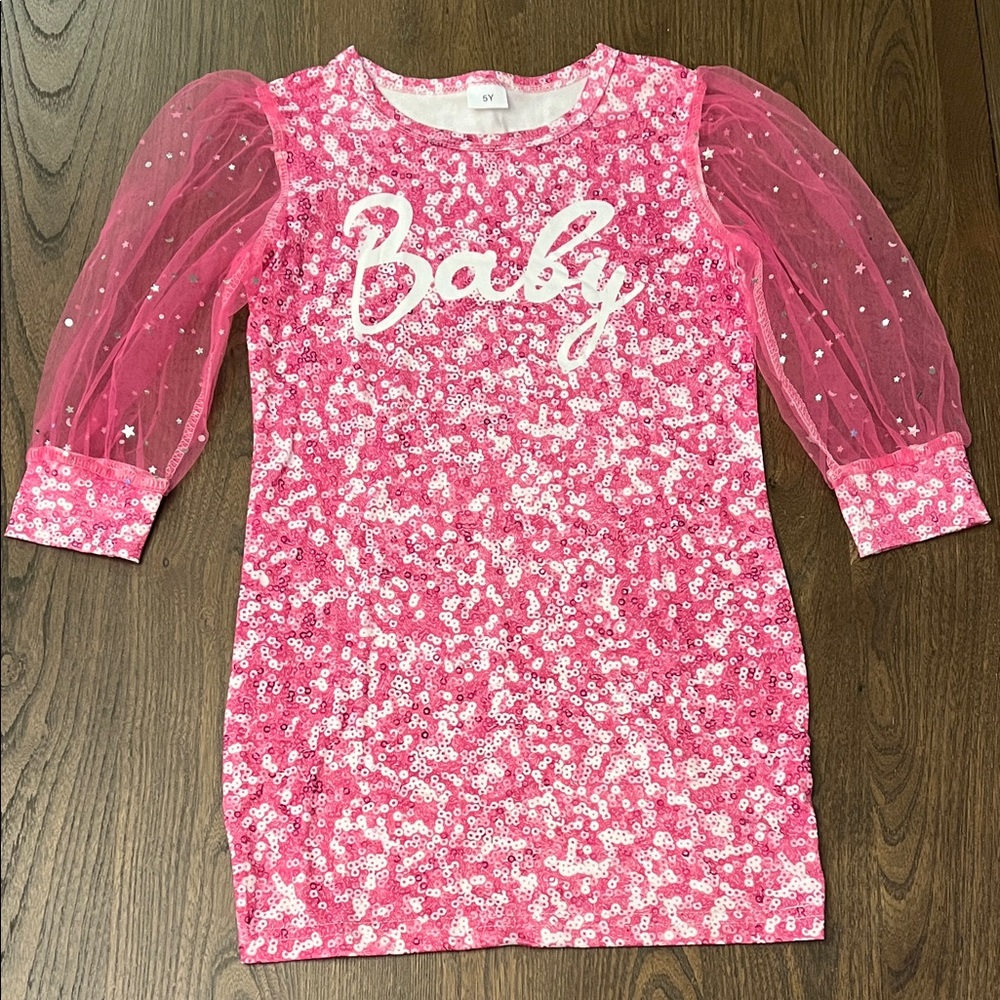 Pink Sequin Dress with Sheer Sleeves, NWOT